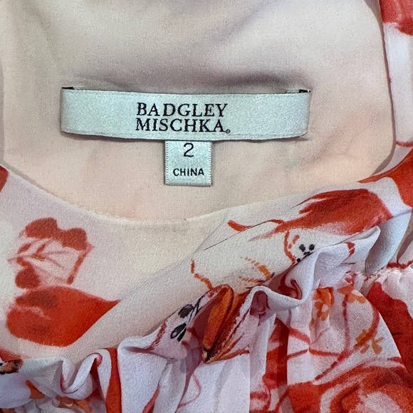 BADGLEY MISCHKA Floral Print Runway Dress SZ 2 Pink Ruffle Tiered Shift Dress - Picture 8 of 11